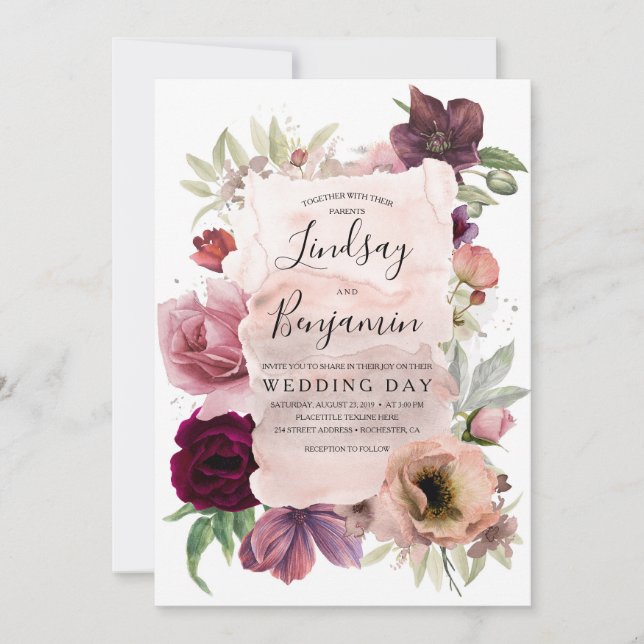 Invitación Tones terrarios Boda de cosecha de borgoña floral (Anverso)