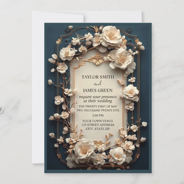 Invitación Tono de crema de marco floral y acentos dorados (Anverso)