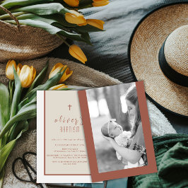 Invitación Tono de la Tierra Cruz Moderna Christening Photo B