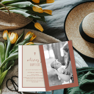 Invitación Tono de la Tierra Cruz Moderna Christening Photo B
