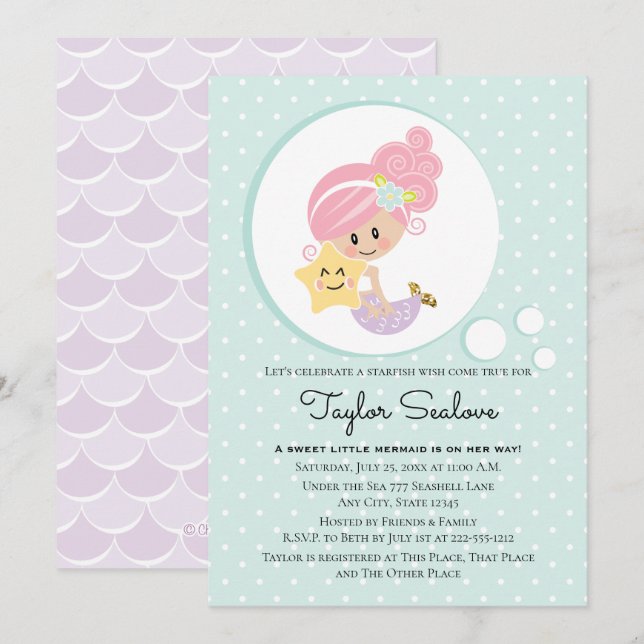 Invitación Tono de piel clara de Baby Shower de sirena (Anverso / Reverso)