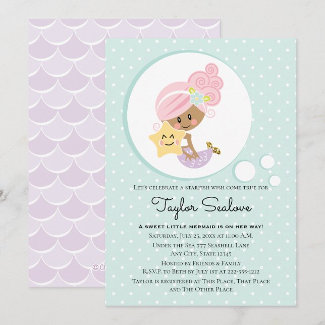 Invitación Tono de piel oscura Baby Shower de la sirena (Anverso / Reverso)
