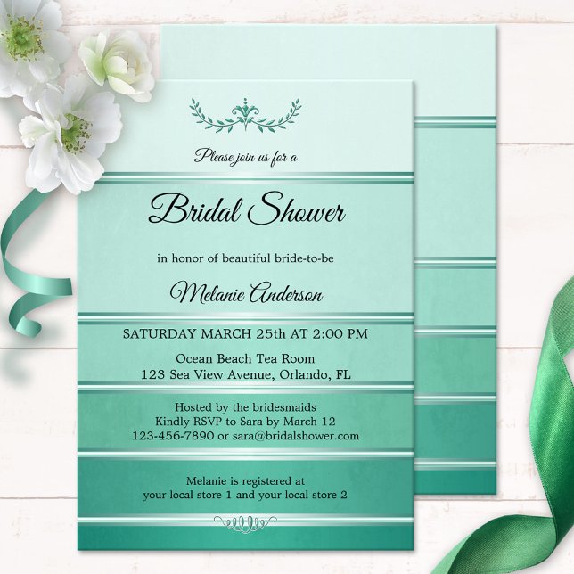 Invitación Tono de rayas verdes plateadas en ducha de novias  (Bridal shower invitation featuring a green striped tone on tone painted design with a silver lining)