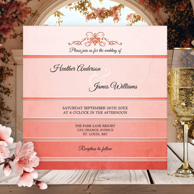 Invitación Tono rayado rosado de coral en Boda de tono (Elegant wedding invitation featuring a watercolor painted striped design in ton sur ton coral pink)