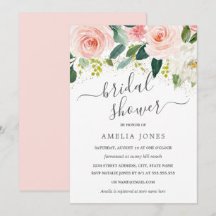Invitación Tono Rosa Dorado Flores Acuarela Despedida de Solt