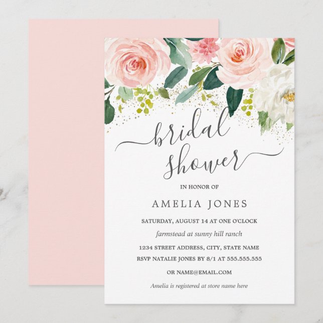 Invitación Tono Rosa Dorado Flores Acuarela Despedida de Solt (Anverso / Reverso)