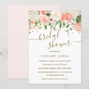 Invitación Tono Rosa Floral Dorado Confeti para Despedida de 