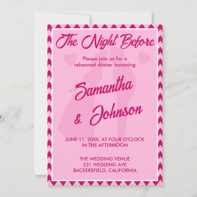 Invitación Tono Rosa Moderno Chevron Raya Ensayo de Boda (Anverso)