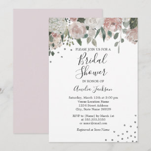 Invitación Tono Rosa Plateado Acuarela Floral Ducha Nupcial