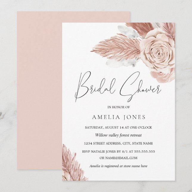 Invitación Tono rosado acuarela flores boho Despedida de solt (Anverso / Reverso)