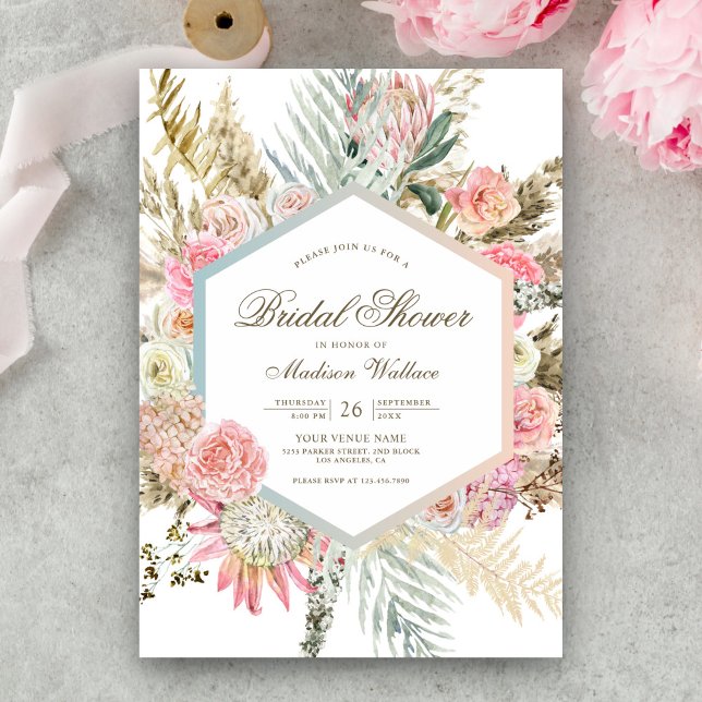 Invitación Tono rosado floral boho pampas despedida de solter (Subido por el creador)