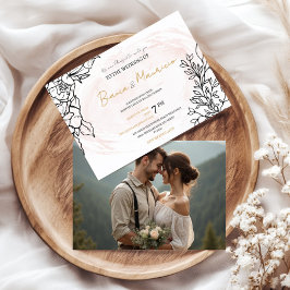 Invitación Tono Rosado Romántico con Florales Negros y Foto e