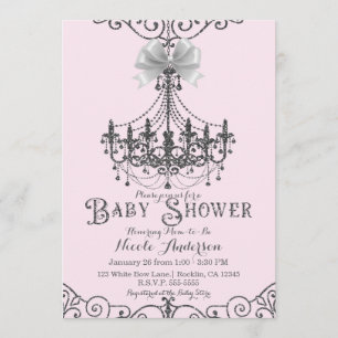 Invitación Tono Rosado Suave y Lazo Blanco Plateado para Baby