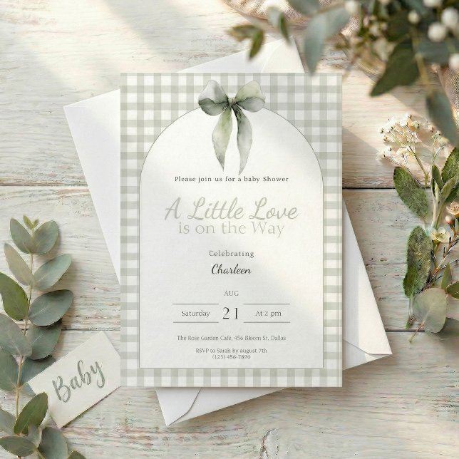 Invitación Tono Verde Arco Gingham Baby Shower (Sage green ginghan bow baby shower invitation )
