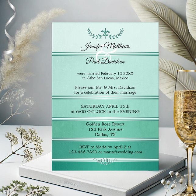 Invitación Tono verde plateado en Boda de post con franjas de (After wedding or elopement invitation featuring a tone on tone green with silver stripe)