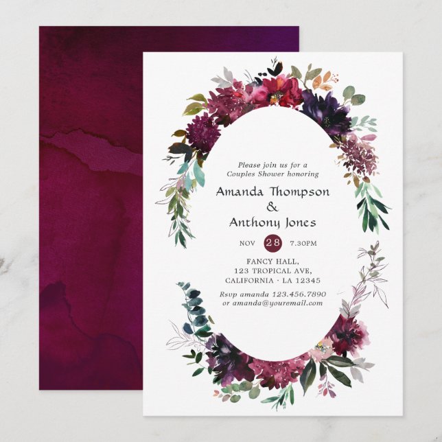 Invitación Tono Violeta Ciruela Regader Floral Pareja (Anverso / Reverso)