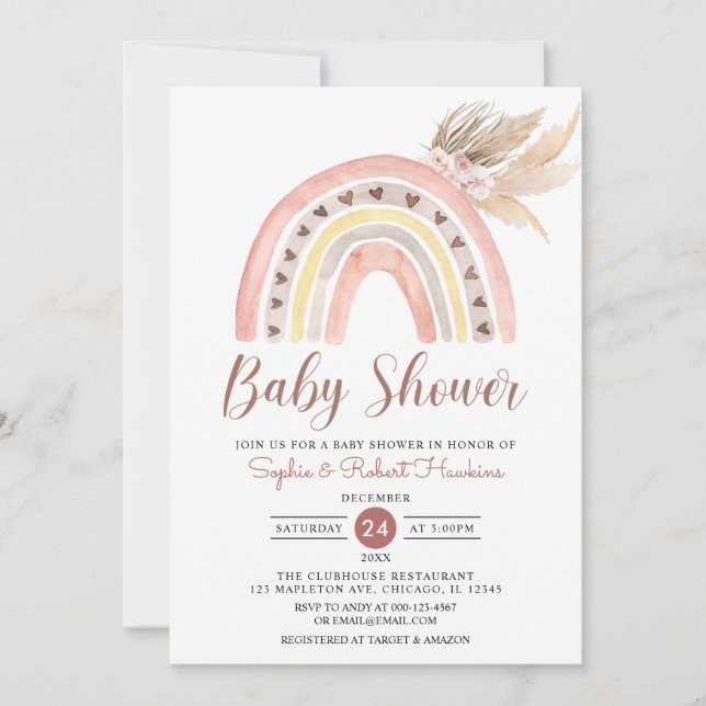Invitación Tonos apagados Boho Rainbow Pampas Grased Baby Sho (Anverso)