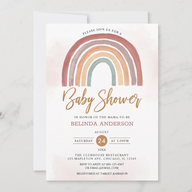 Invitación Tonos apagados Pastel Boho Rainbow Baby Shower (Anverso)
