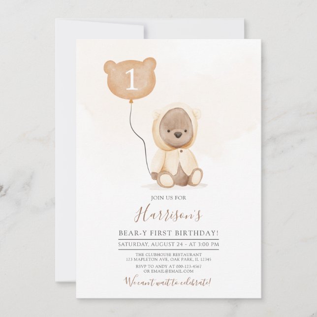 Invitación Tonos apagados Teddy Bear Beary First Birday (Anverso)
