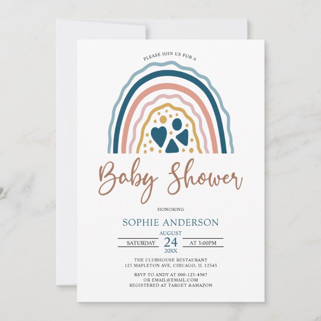 Invitación Tonos azul silenciados Boho Rainbow Baby Shower (Anverso)