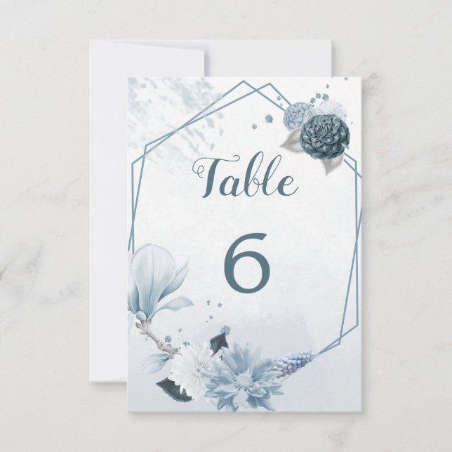 Invitación tonos azules polvorientos flores número de tabla g (Anverso)