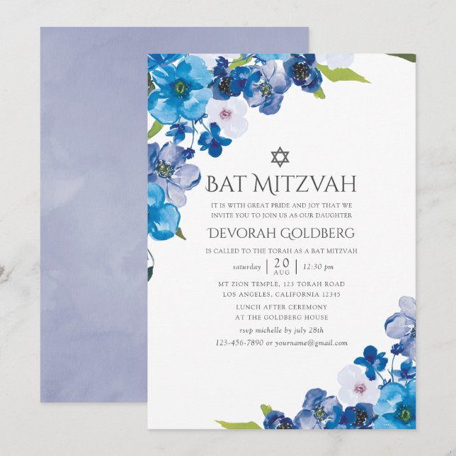Invitación Tonos de Azul Floral Bat Mitzvah (Anverso / Reverso)