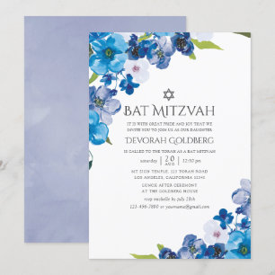 Invitación Tonos de Azul Floral Bat Mitzvah