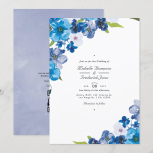 Invitación Tonos de azul Floral Código QR RSVP Boda
