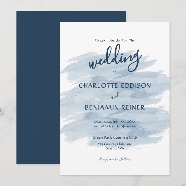 Invitación Tonos de Azul para Bodas Modernas (Anverso / Reverso)