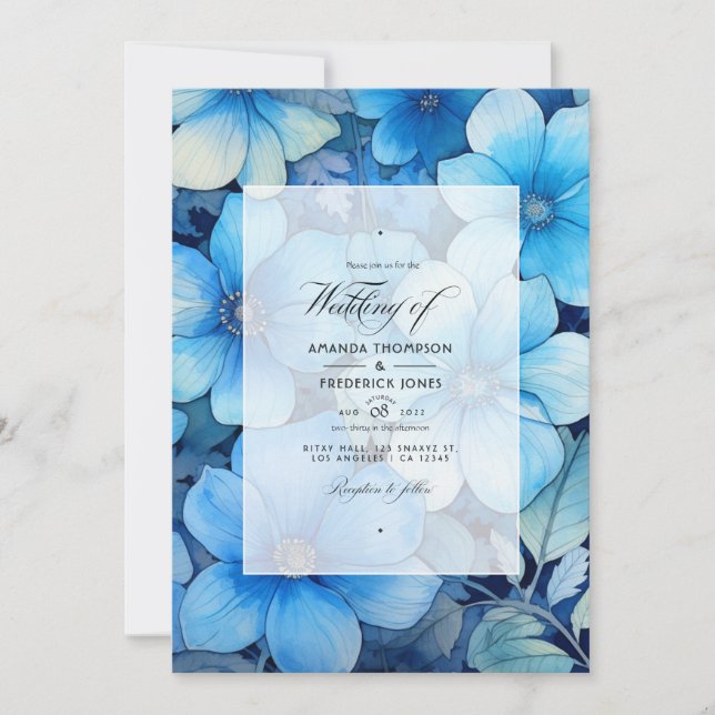 Invitación Tonos de Boda floral azul (Anverso)
