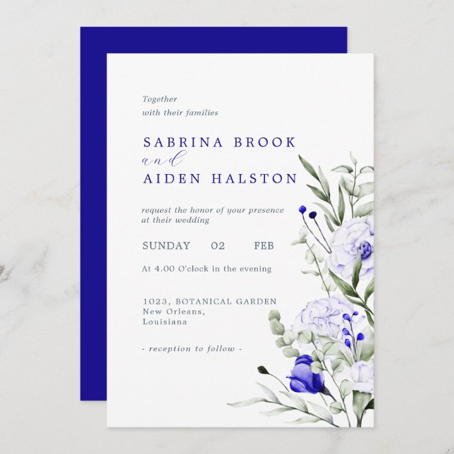 Invitación Tonos de Boda floral de marfil azul real (Anverso / Reverso)