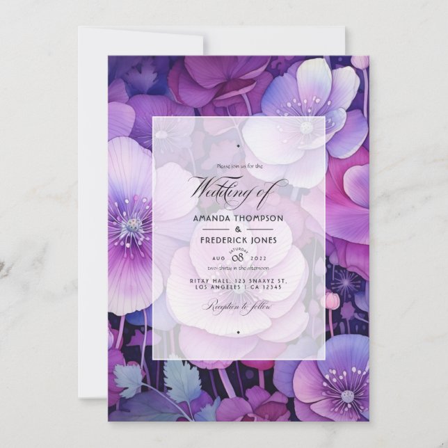 Invitación Tonos de Boda morado floral (Anverso)