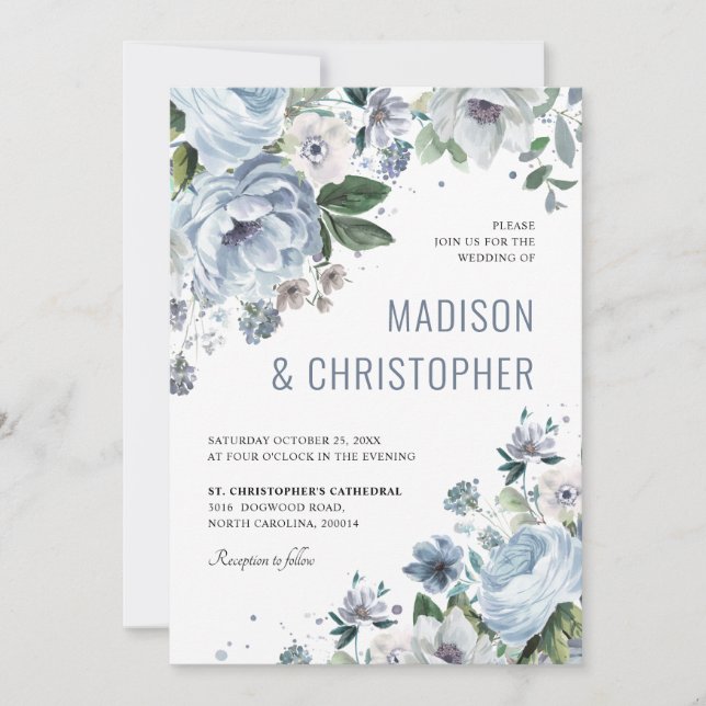 Invitación Tonos de Boda Rústico Gris Dusty Blue Winter (Anverso)