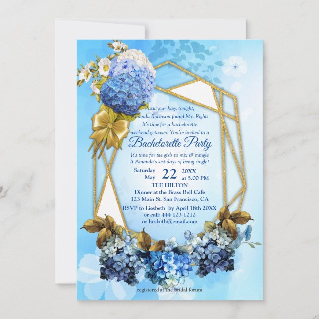 Invitación Tonos de color azul Hydrangeas Bachelorette (Anverso)