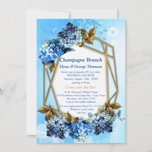 Invitación Tonos de color azul Hydrangeas Ducha Pareja (Anverso)
