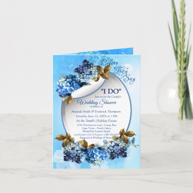 Invitación Tonos de color azul Hydrangeas Ducha Pareja (Anverso)