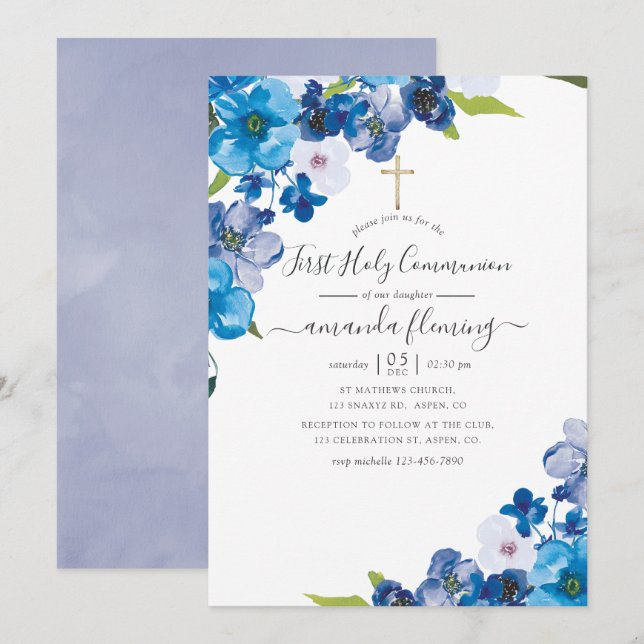 Invitación Tonos de Floral Azul Primera Comunión (Anverso / Reverso)