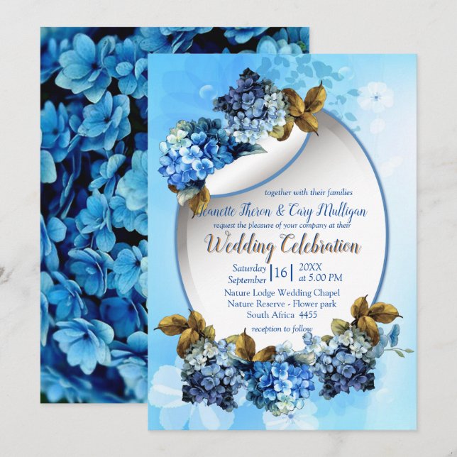 Invitación Tonos de la acuarela azul Hydrangeas Boda (Anverso / Reverso)