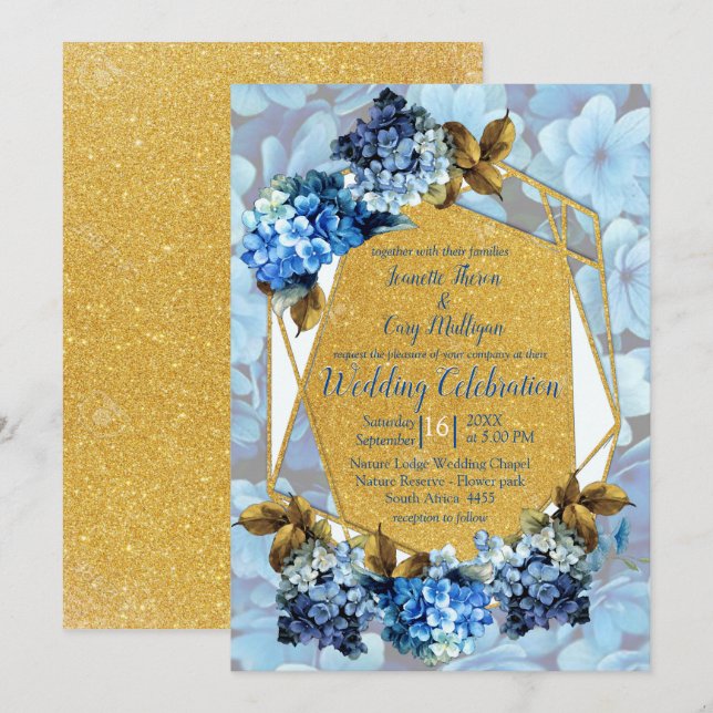 Invitación Tonos de la acuarela azul Hydrangeas Boda (Anverso / Reverso)