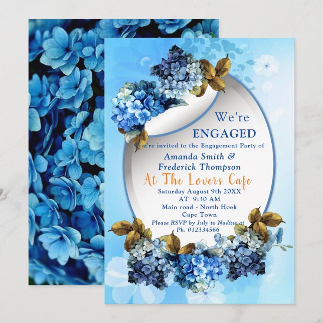 Invitación Tonos de la acuarela azul Hydrangeas Compromiso (Anverso / Reverso)