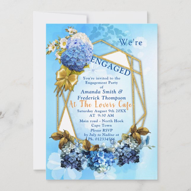 Invitación Tonos de la acuarela azul Hydrangeas Compromiso (Anverso)