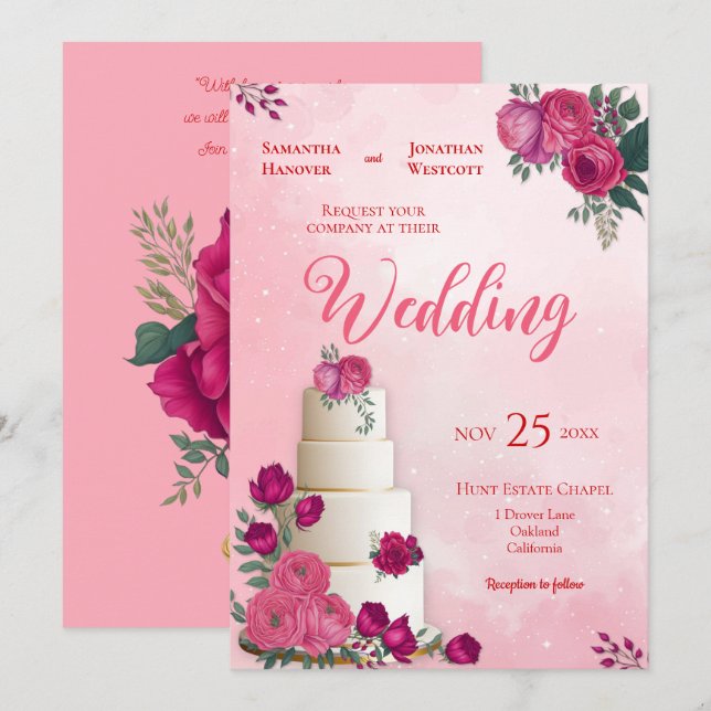 Invitación Tonos de Magenta rosa Rosa Boda moderno (Anverso / Reverso)