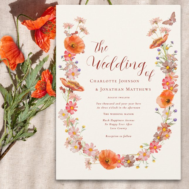 Invitación Tonos de tierra de la mariposa de flores silvestre (Boho wildflower butterfly wedding invitation in orange brown and peach watercolor florals)