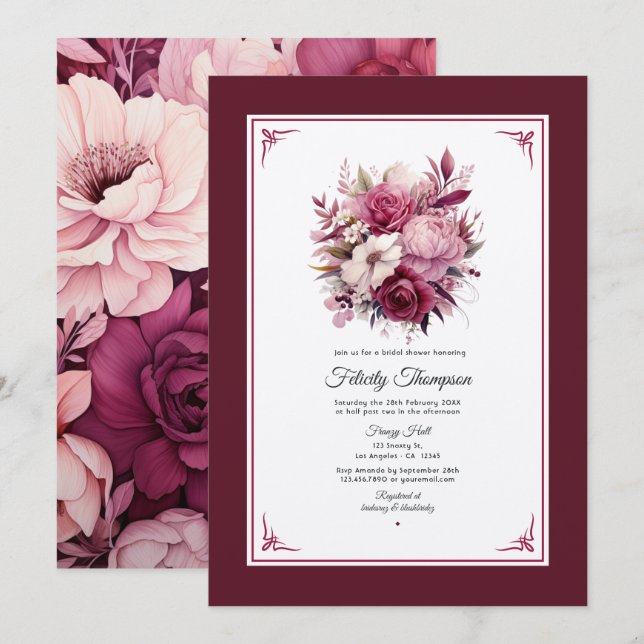 Invitación Tonos de Vino Floral Despedida de Soltera (Anverso / Reverso)