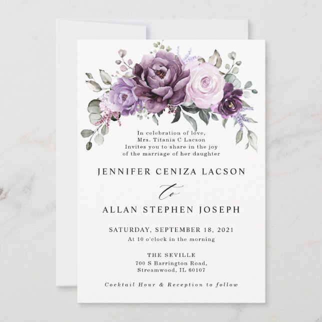 Invitación Tonos de violeta morada agitada florece Boda morad (Anverso)