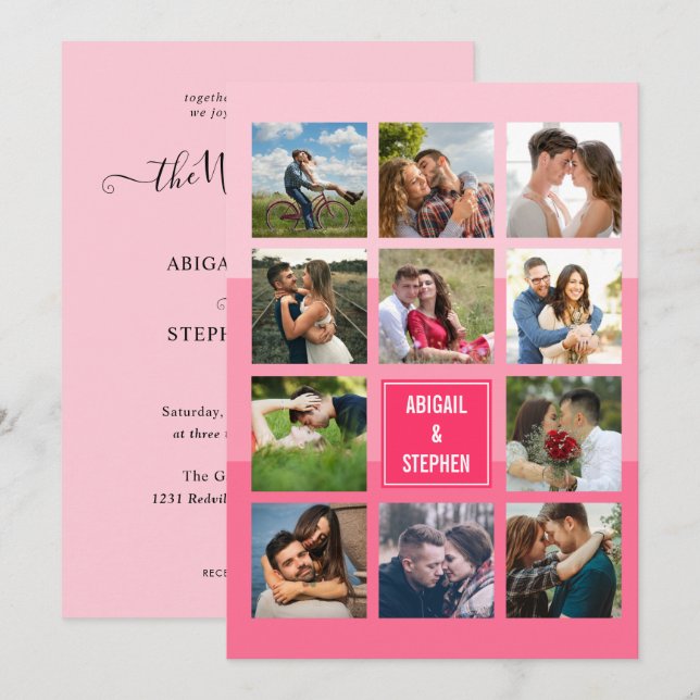 Invitación Tonos modernos de Boda de Collage de fotos rosado (Anverso / Reverso)