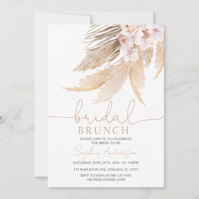 Invitación Tonos mudos Brunch bohemio pampas bronce de novias (Anverso)