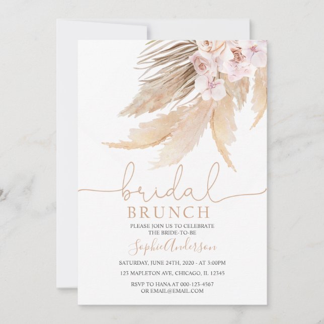 Invitación Tonos mudos Brunch bohemio pampas bronce de novias (Anverso)