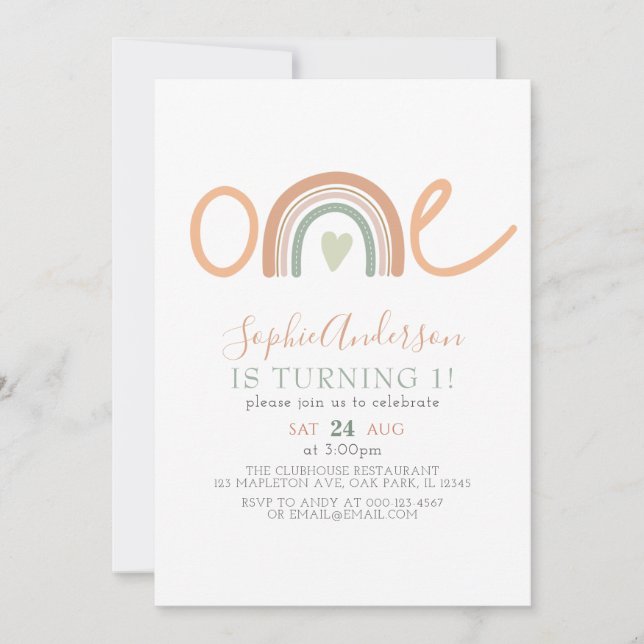 Invitación Tonos mutados Pastel Boho Arcoiris Primer cumpleañ (Anverso)