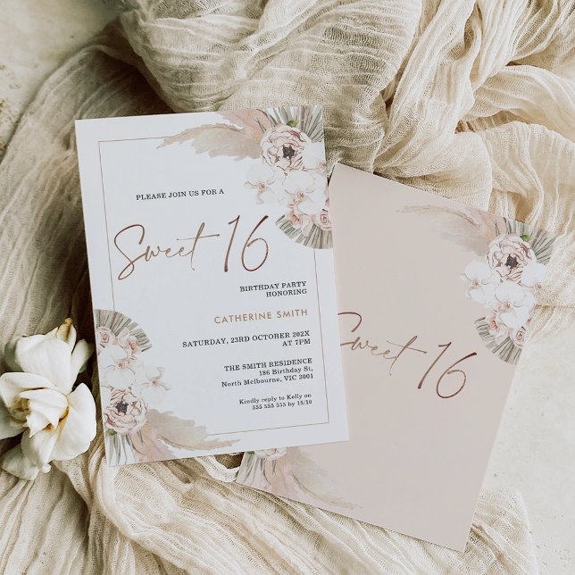 Invitación Tonos naturales Boho Pampas Pastel dulce 16 cumple (Subido por el creador)